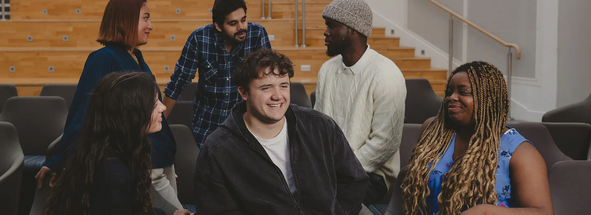 Group of students in the rear atrium of Sir Ian Wood Building