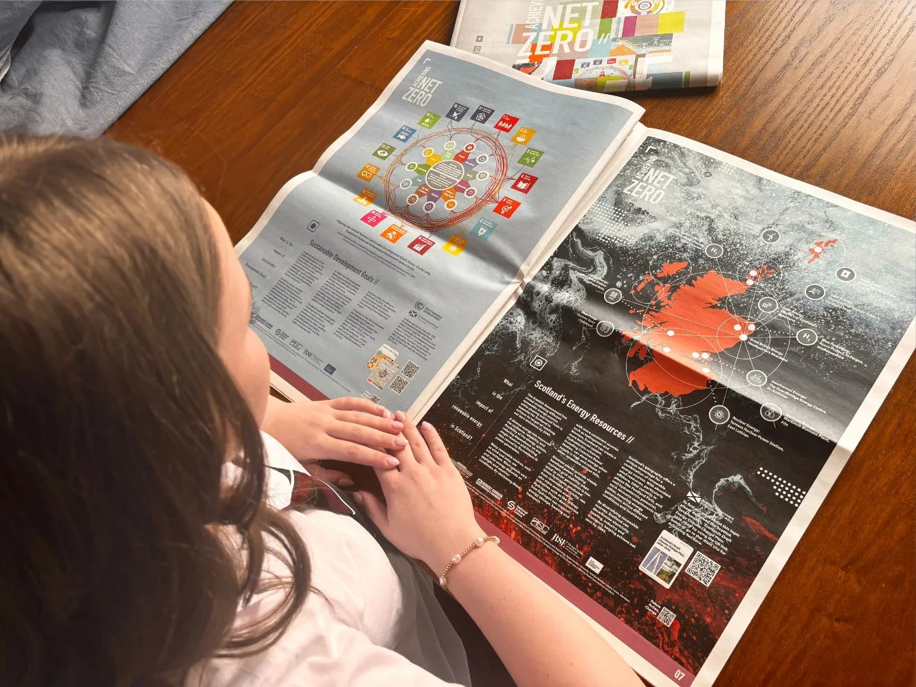 A school reading a broadsheet newspaper