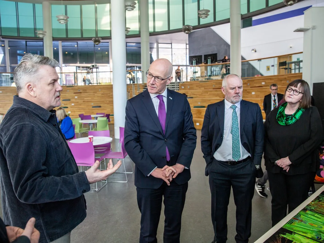Douglas Pritchard, Associate Professor, The Scott Sutherland School of Architecture & Built Environment, John Swinney Deputy First Minister, Olivier, RGU's Principal and Vice-Chancellor and Donella Beaton, Vice Principal for Economic Development speaking about the Digital Innovation Lab