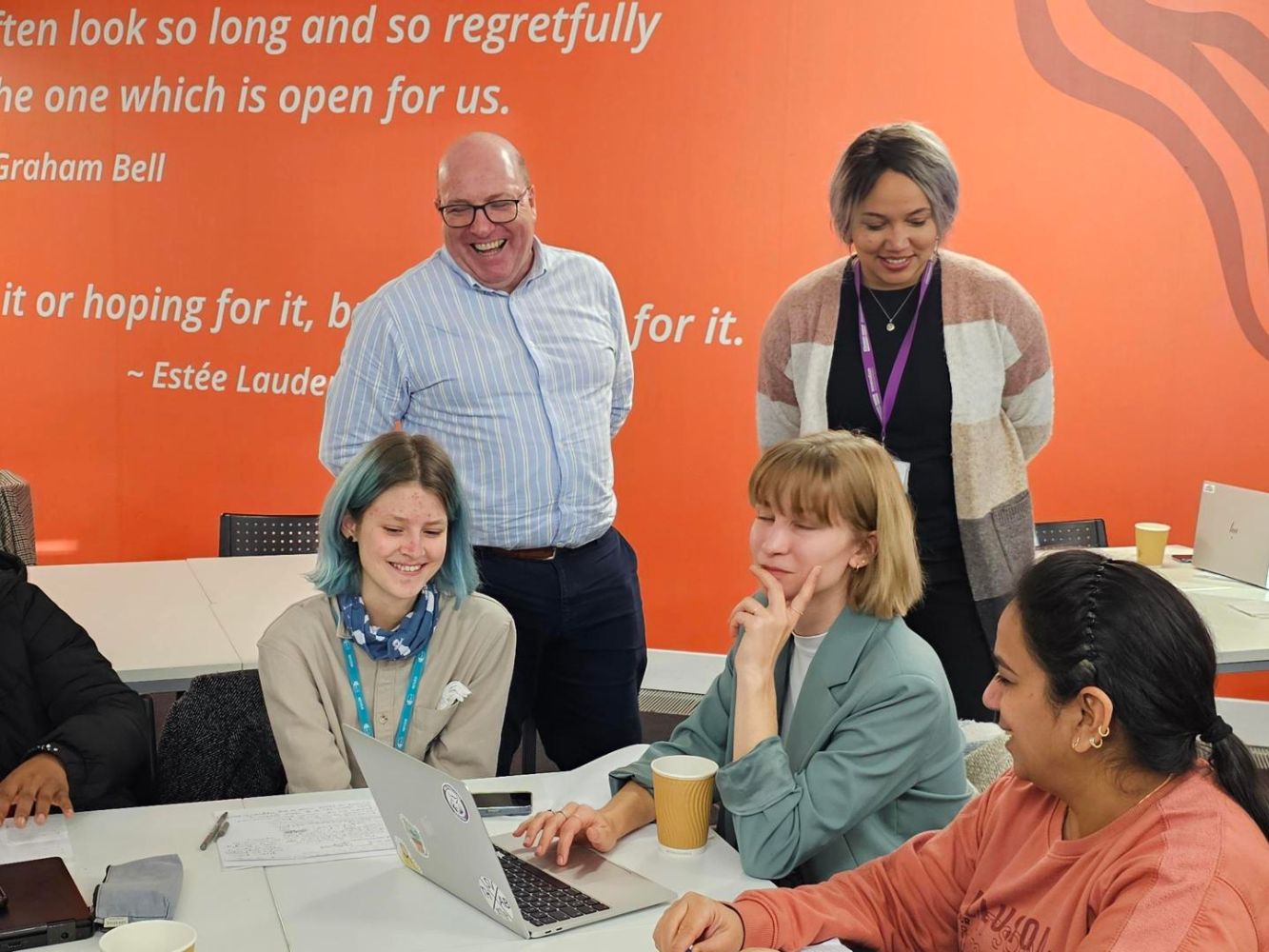 Bob Keiller from Our Union Street and Aisha Kasim, Startup Manager at RGU's Entrepreneurship and Innovation Group, speaking to students about their ideas for transforming Union Street in Aberdeen.