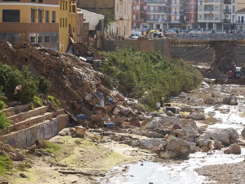 Damage following severe flooding in Paiporta, Spain.