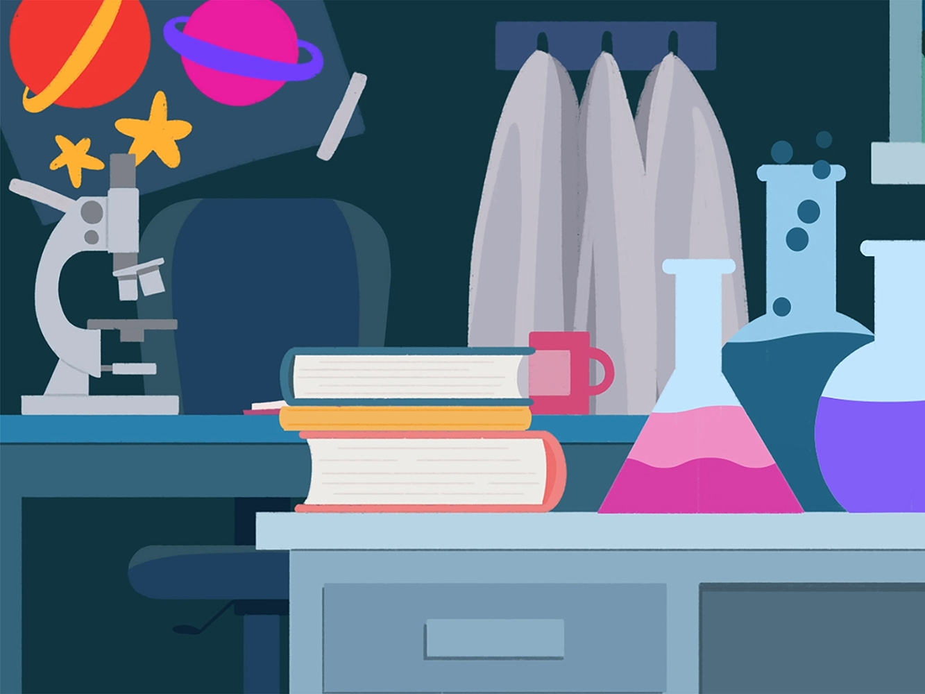 Graphic design of science lab with books, telescope and glass jars set on a table, lab coats hanging on a coat hanger and a poster of space on the wall