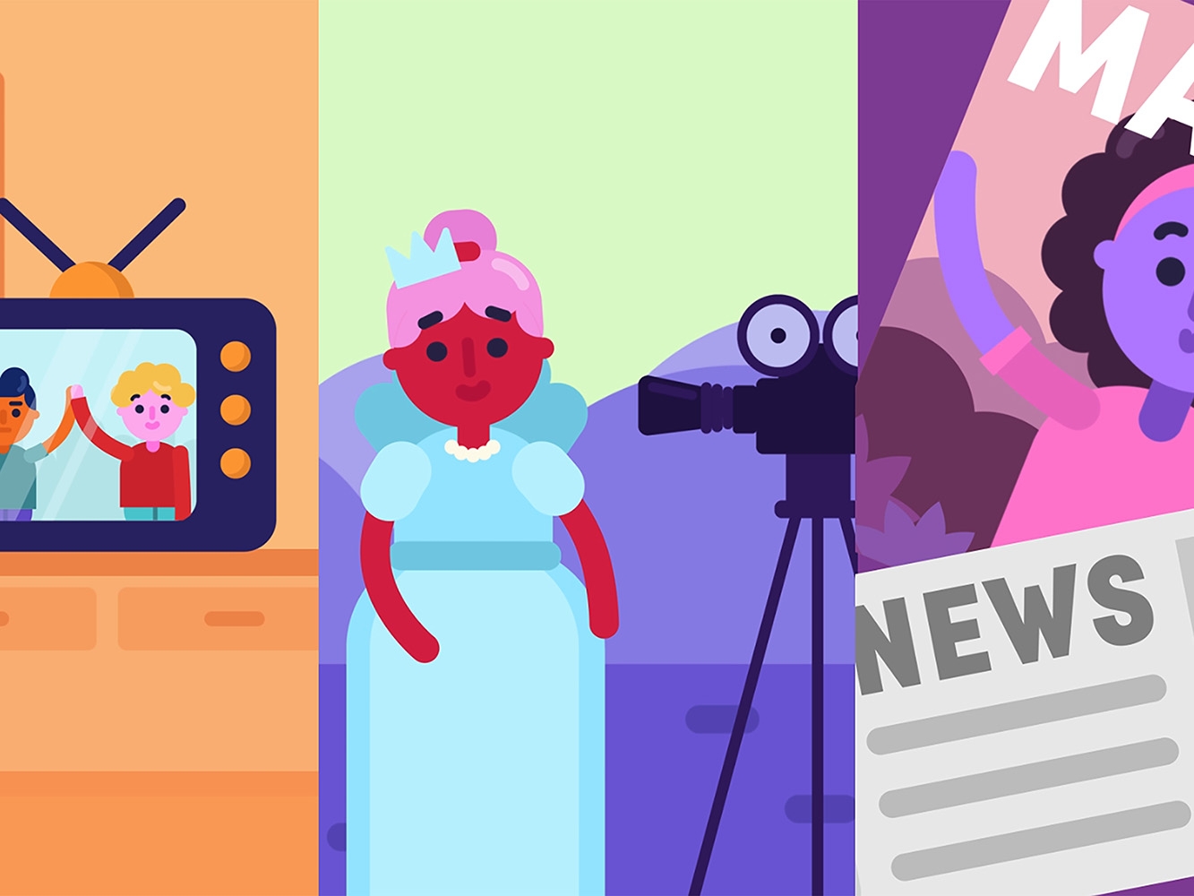 Graphic design split into three images, one of television showing two cartoon people interacting, another showing a cartoon woman speaking to a video camera and another of a newspaper and magazine ove