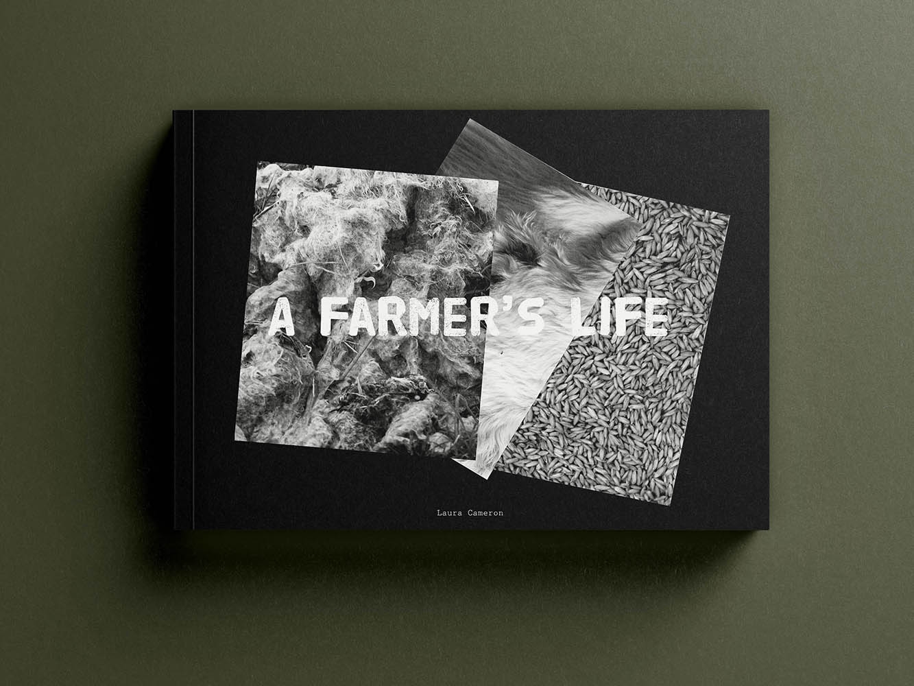 Black photo album with white lettering that reads 'a Farmer's life' and three overlapping photographs