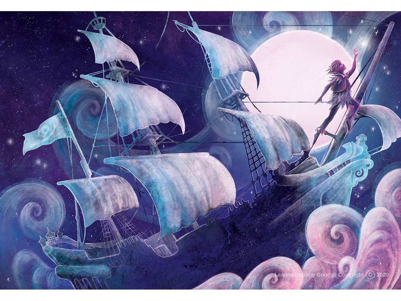 Illustration of pirate ship at night in swirling blue, white and pink water with Peter Pan flying at the front of the ship