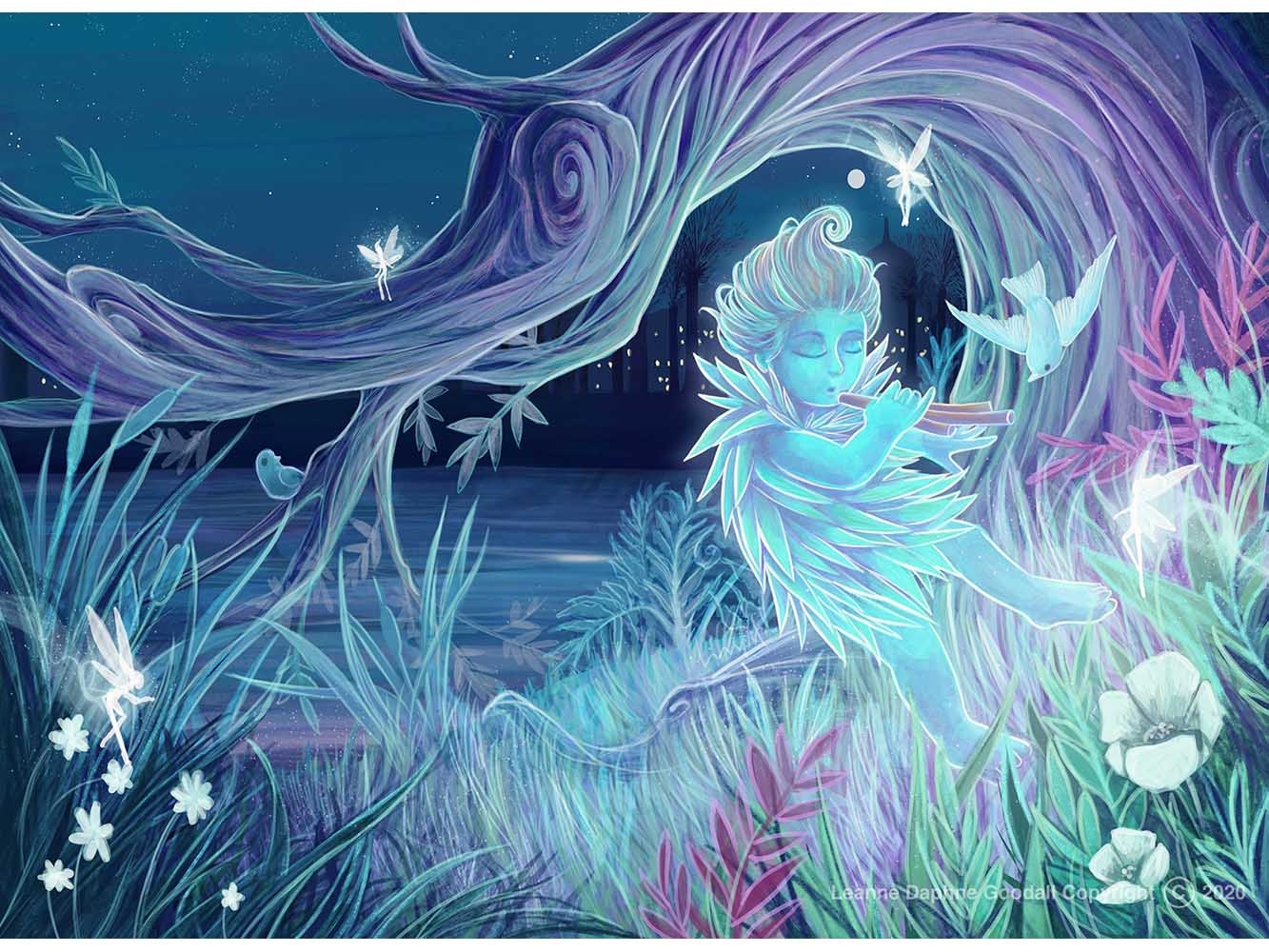 Illustration of Peter Pan flying surrounded by grass, flowers, fairies and birds under a tree trunk with a water landscape in the background
