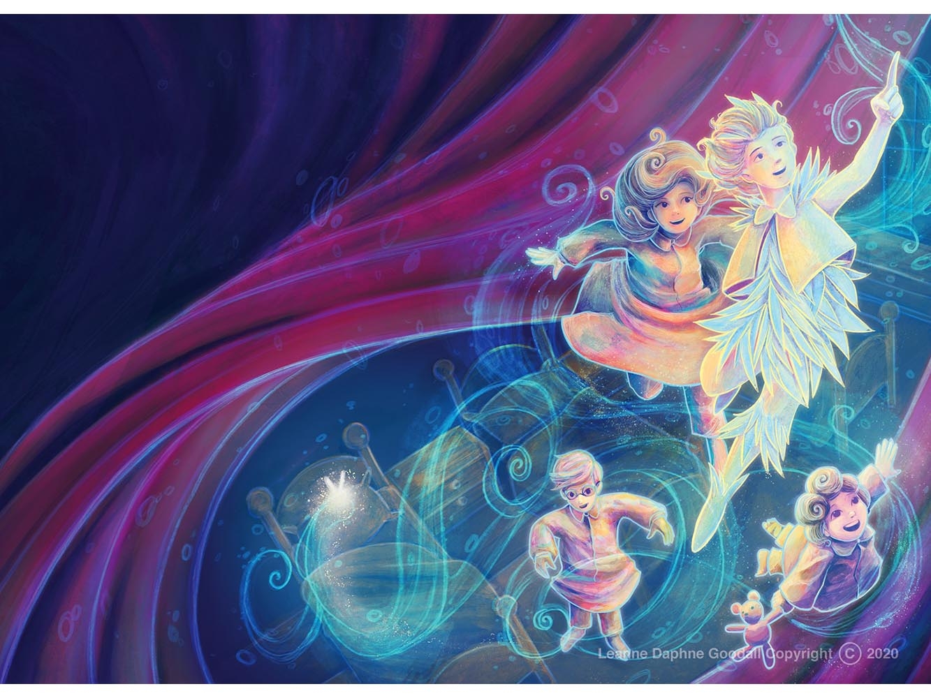 Illustration of Peter Pan flying and pointing to the sky with each of the Darling children, the children's bedroom and swirling pink colours in the background