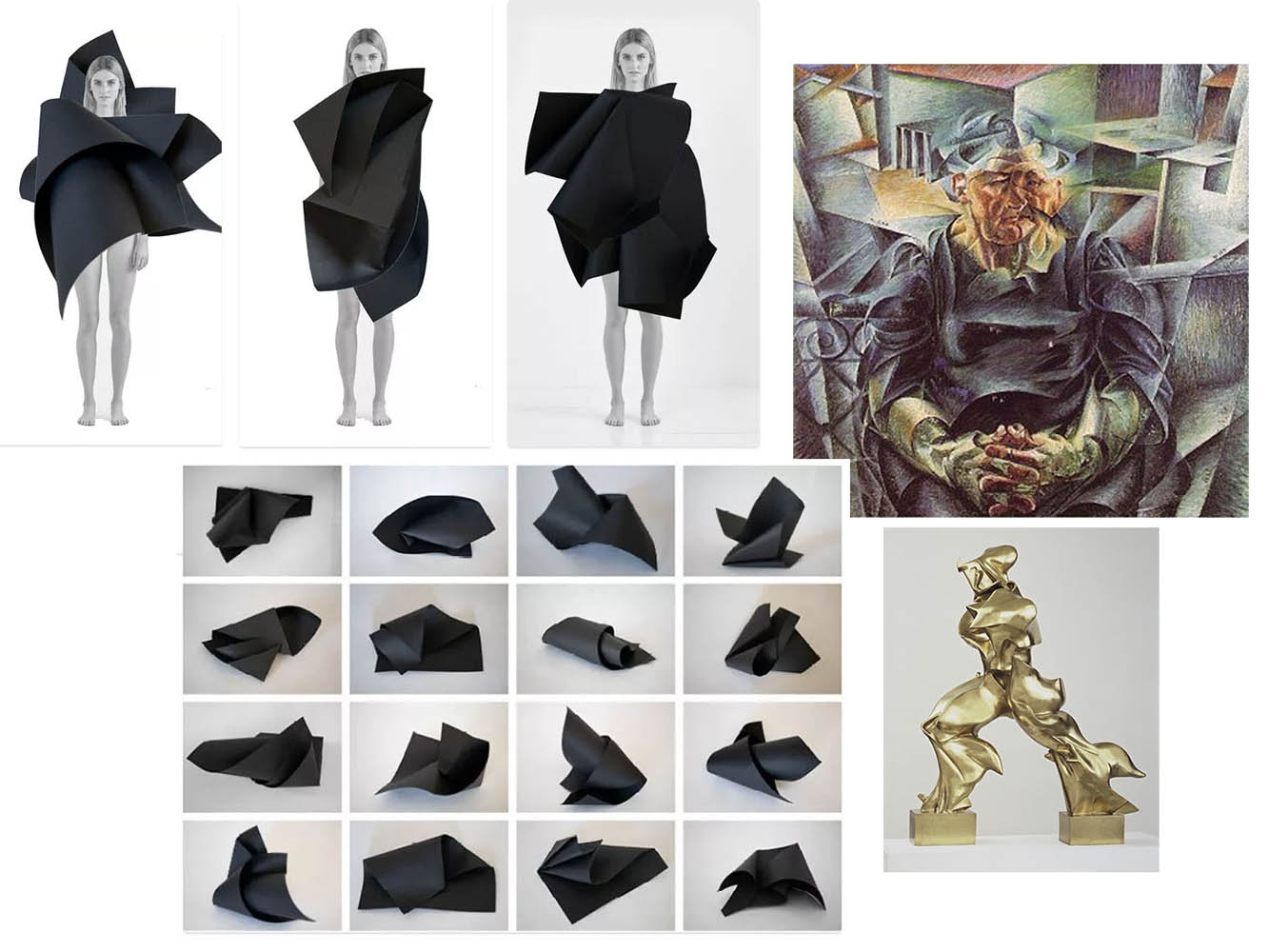 Multiple images including representation of fashion on a model, artwork and a statue that have inspired the artwork and images of the material in various layers and shapes