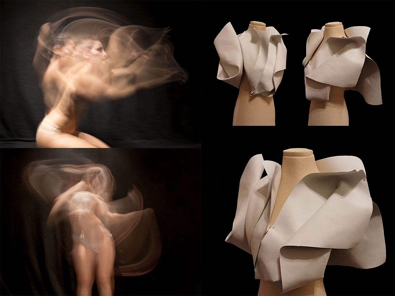 Multiple images including photography of a woman creating movement and shadows with her body and 3 images of a mannequin with layered materials that represent the models movement