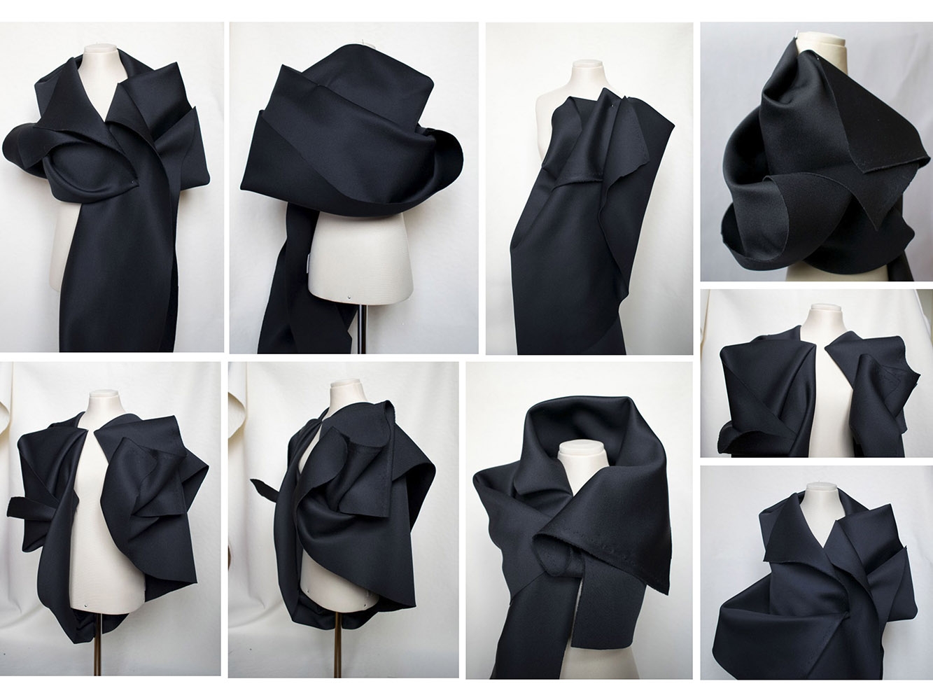 Several images of fabric draped on a mannequin using layering to create shape
