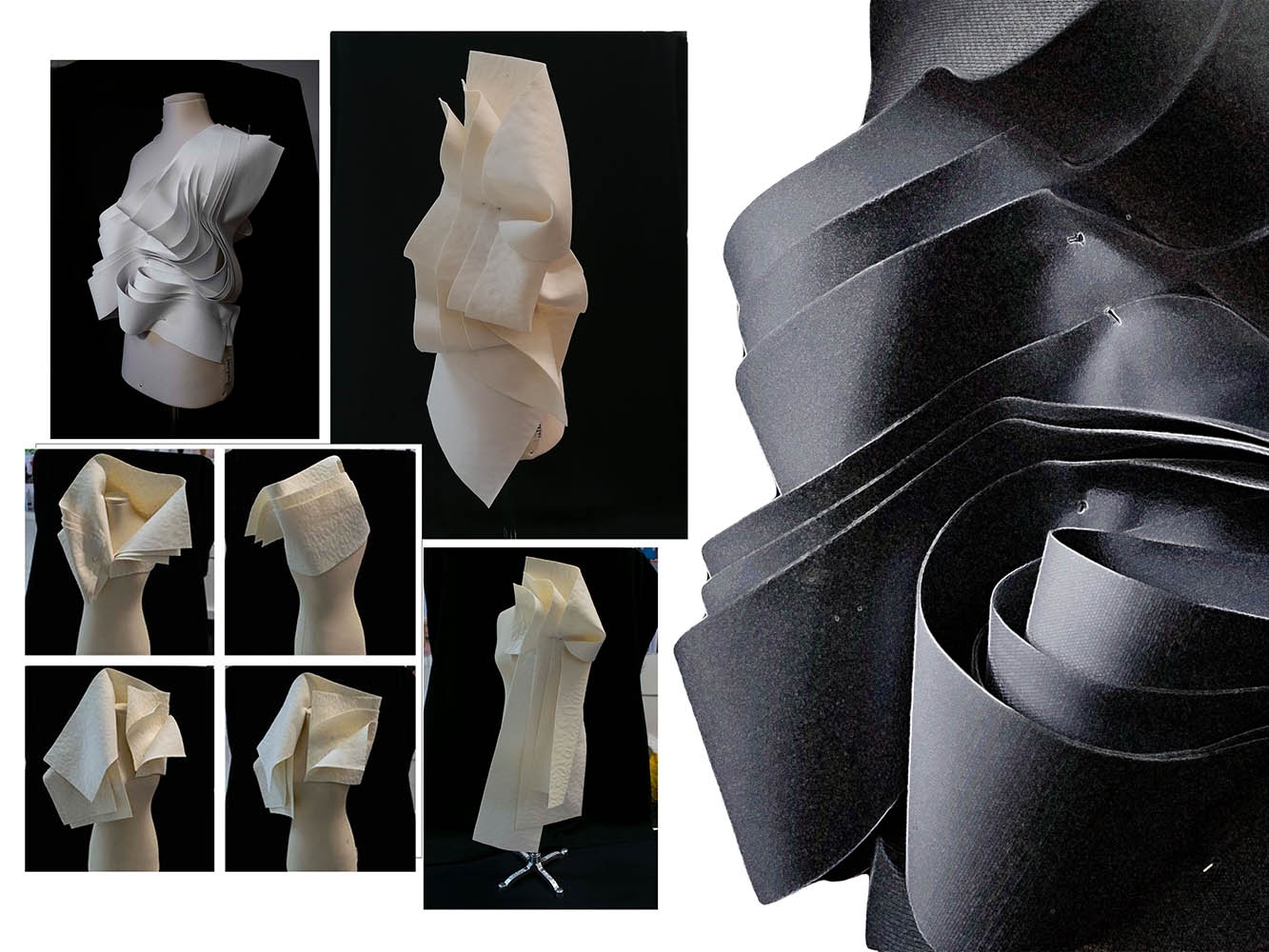 Several images of fashion design concepts using various layering techniques with paper