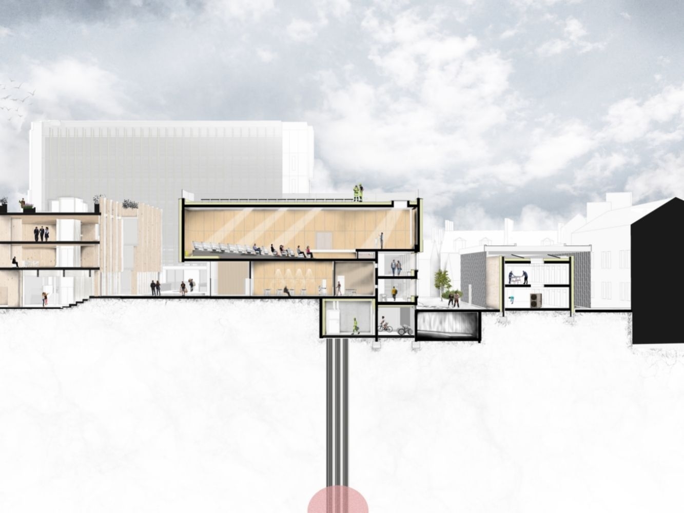 Architectural rendering of reimaging of Queen Street Police Station as a Sustainability Hub, building exterior