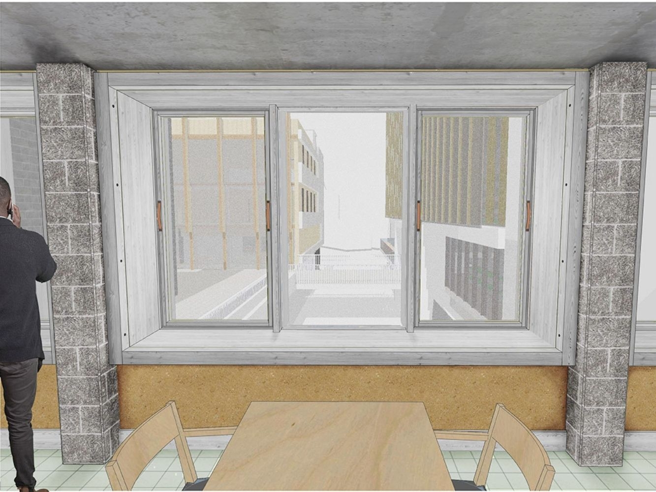 Architectural rendering of reimaging of Queen Street Police Station as a Sustainability Hub, interior window