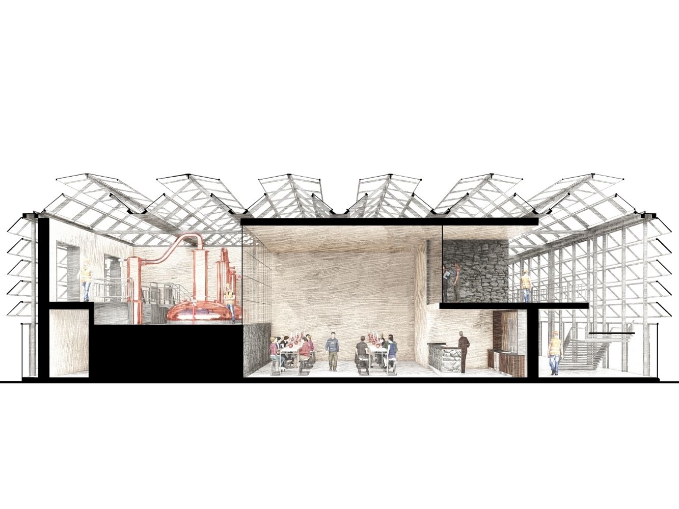 Architectural rendering of horticulture facility with an adjoining gin distillery exterior