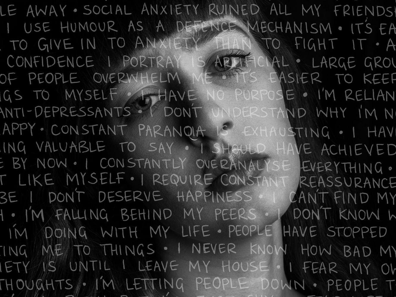 Black and white portrait of Keira Thomson with 'damaging phrases' layered on top