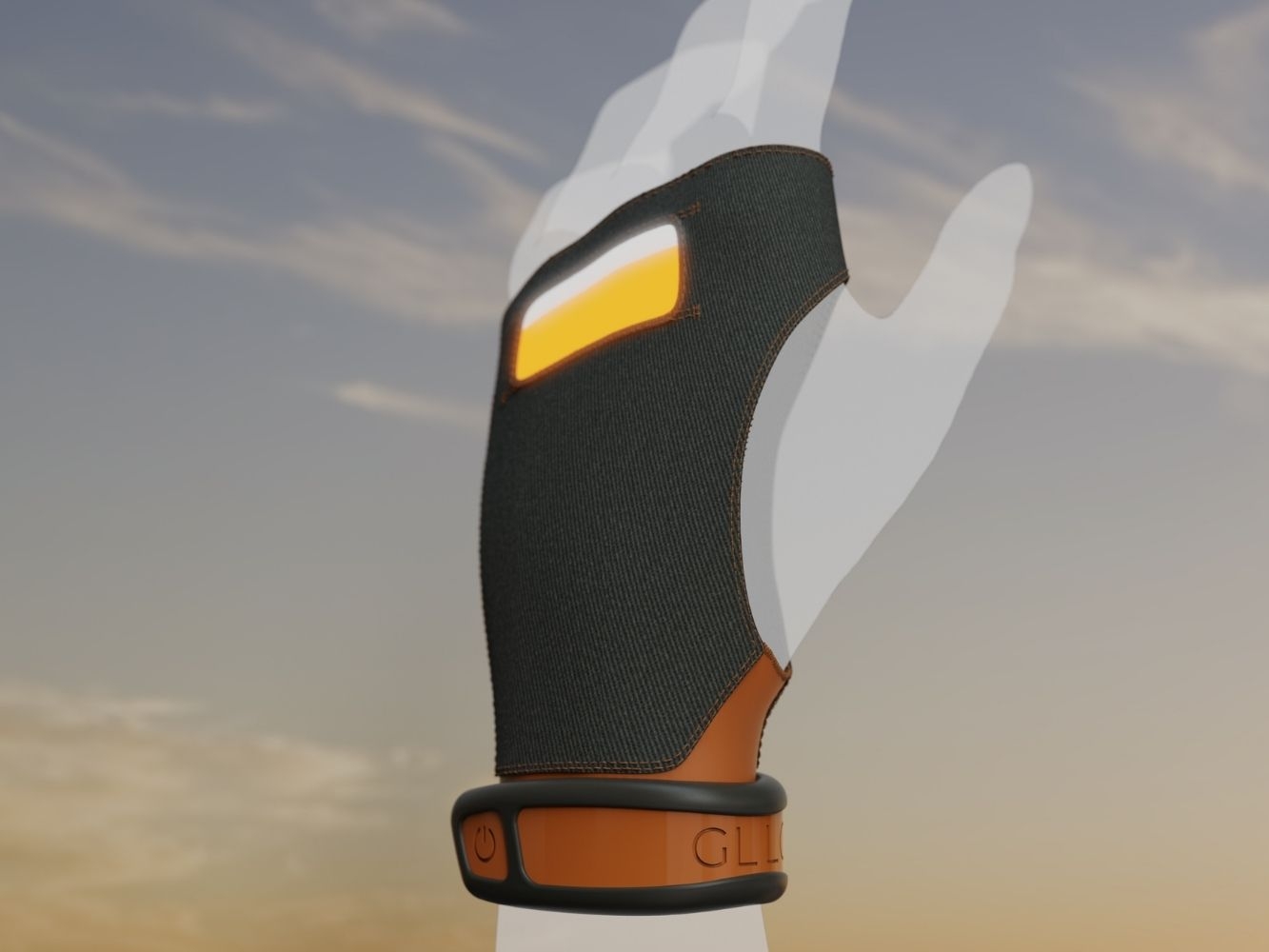Graphic design rendering of an open water swimming safety device worn as an orange and grey glove