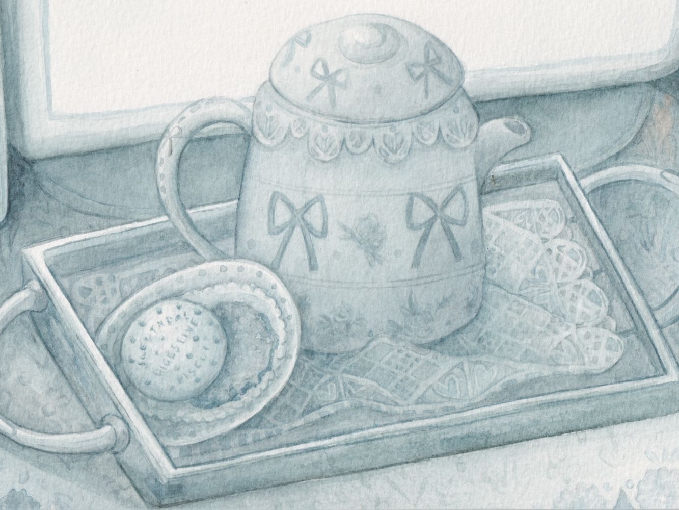 Painting of a decorated tea pot on a tray with a Digestive biscuit on a plate next to it