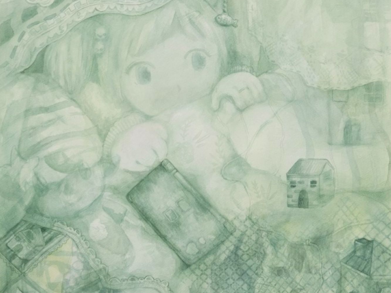Close up of drawing of cartoon child in bed holding a Nintendo DS, surrounded by images of cartoon character and homes from a game she plays