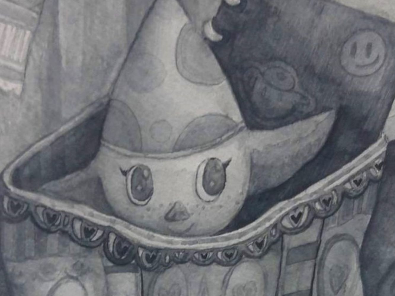 Close up of painting of cartoon-like character wearing a party hat, the character emerges from a decorated box