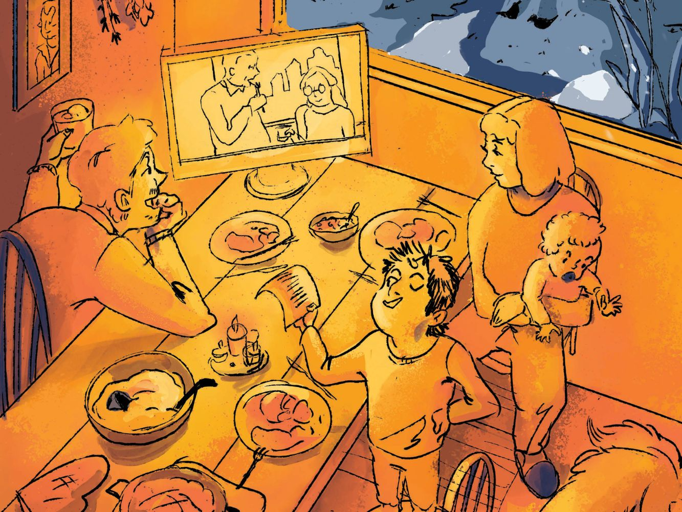 Artwork by Kregzdyte Ramune, family at dinner table full of plates watching television