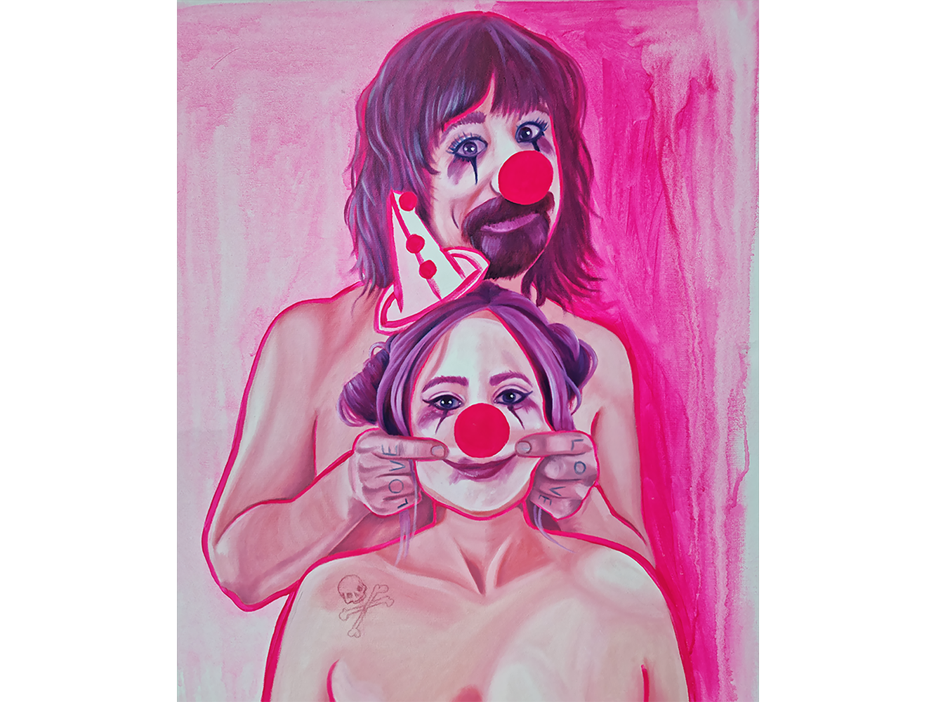 Painting of two people wearing clown make-up