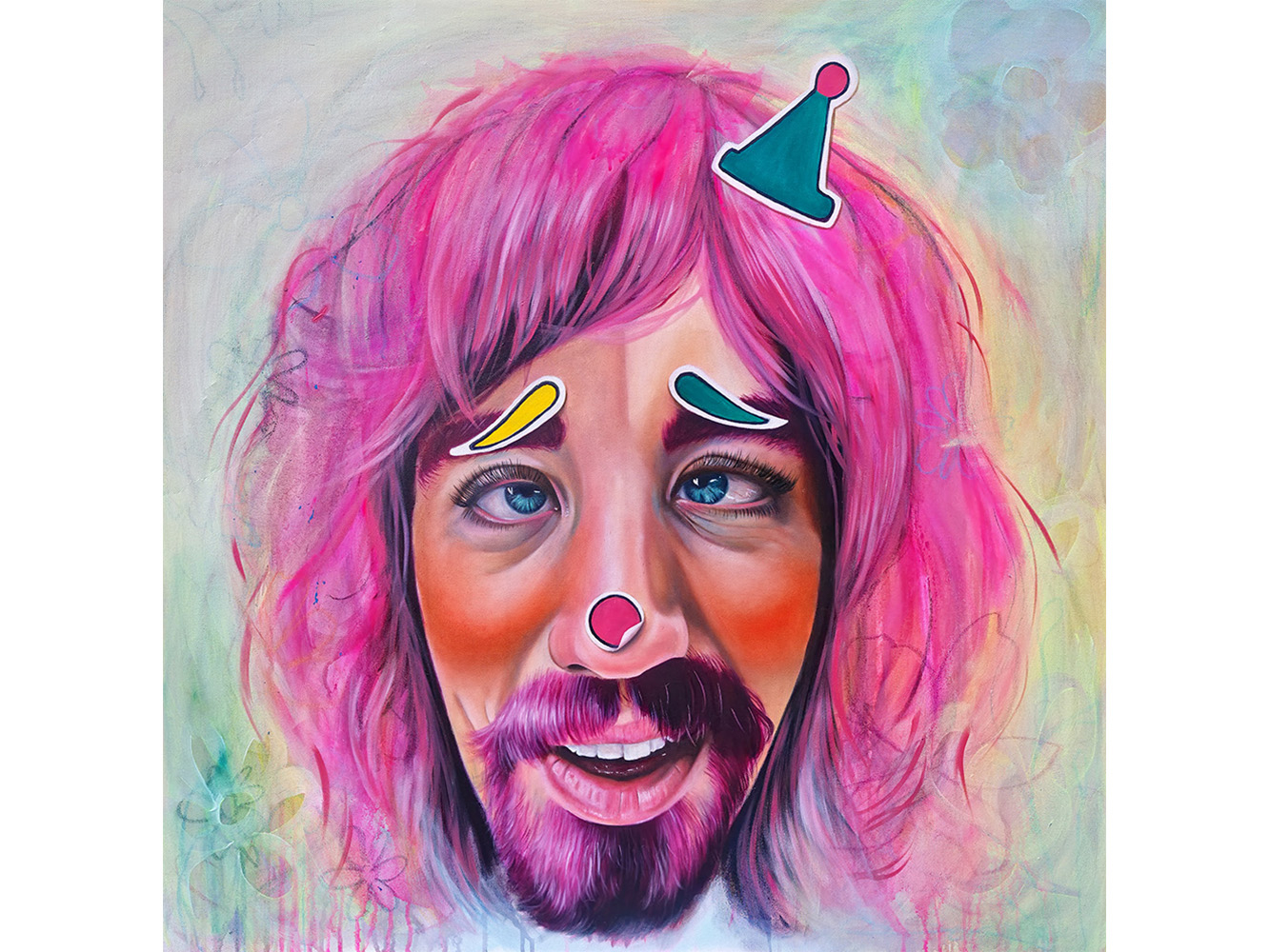 Painting of man with pink hair wearing stickers