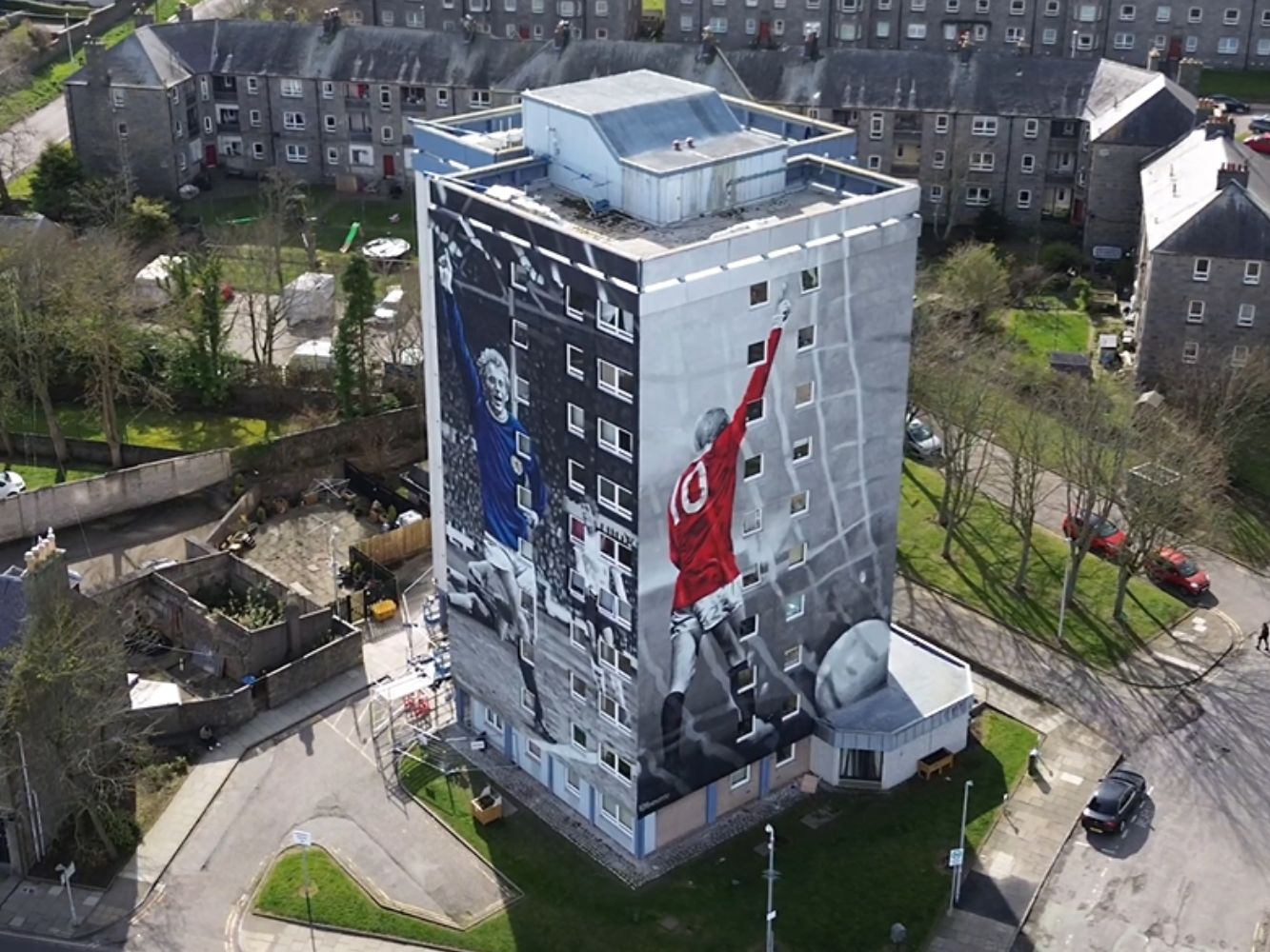 An aerial shot of both murals, taken by drone from above