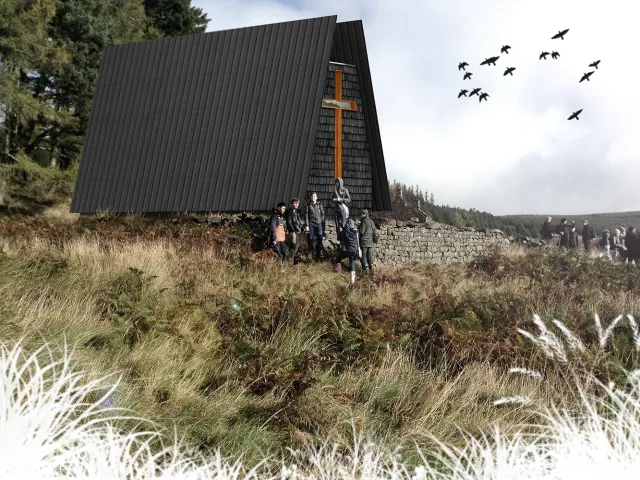 People next to a house in a field