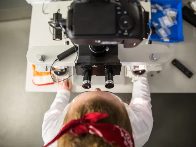 student looking through microscope