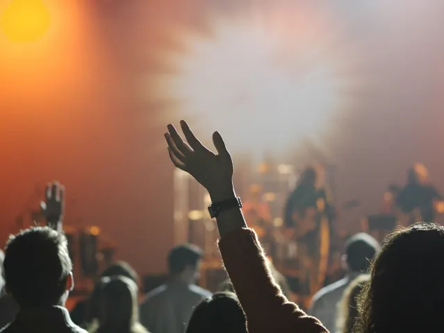 concert attendees waving their arms