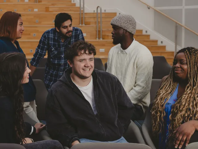 Group of students in the rear atrium of Sir Ian Wood Building