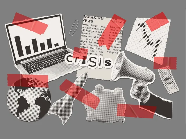 Illustration of crisis communications details - a laptop, globe, missile, piggy bank, hand with megaphone, cash, trend graph and news clipping with 'Crisis' in the centre