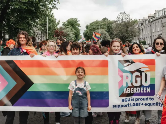 RGU's LGBTQIA+ pride banner at Grampian Pride event in Aberdeen