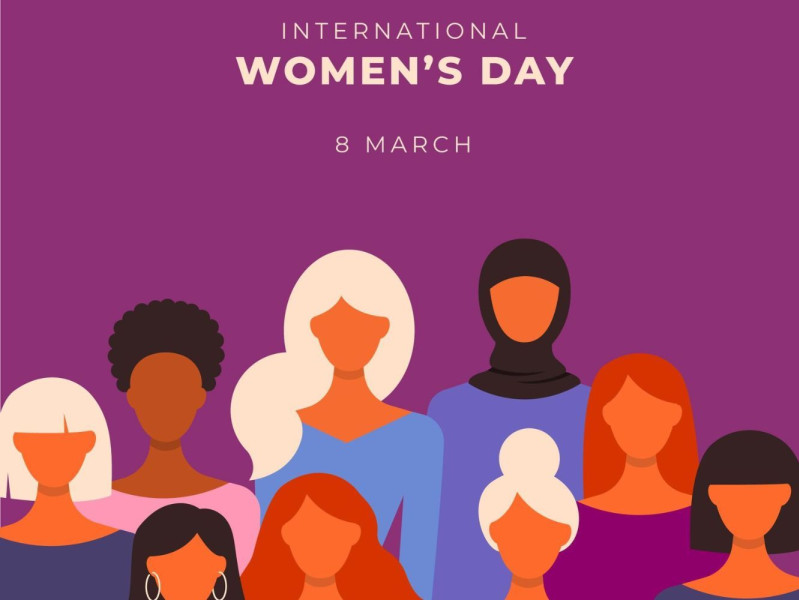 International Women's Day graphic with cartoon women standing together