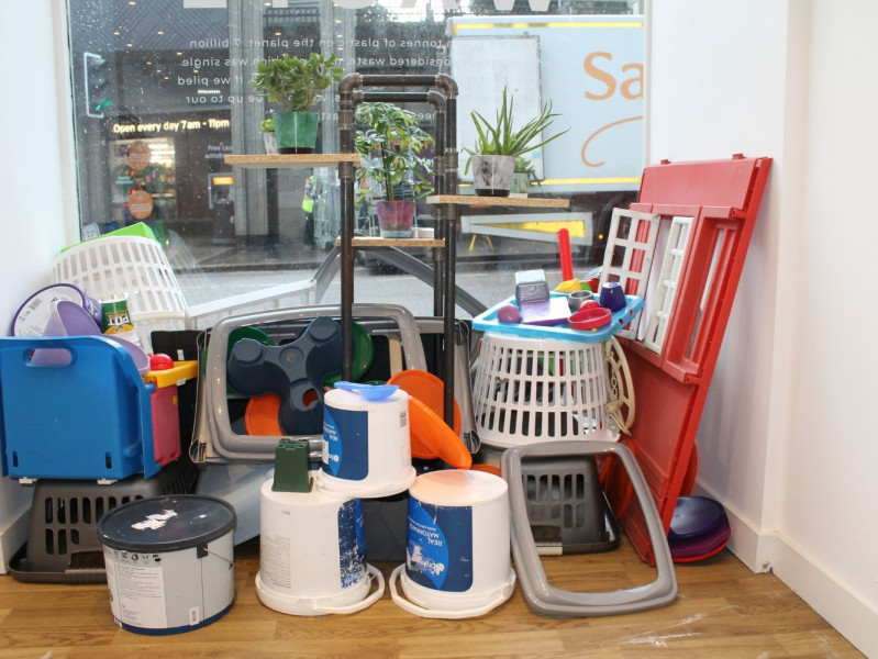 Image shows collection of plastic waste at the origin 'pop up' recycling hub