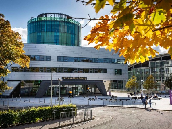 Students walking outside RGU's Sir Ian Wood Building