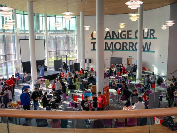 attendees of RGUHack in the amphitheatre in the Sir Ian Wood Building