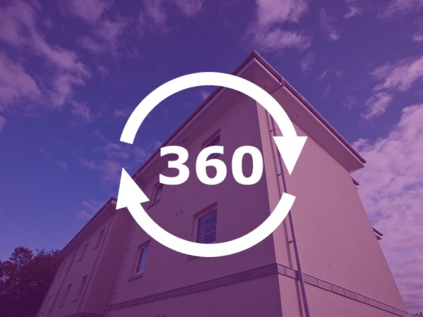 360 graphic image with circular arrows and Ramsay Development accommodation in the background