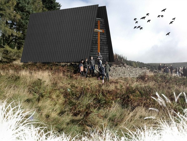 People next to a house in a field