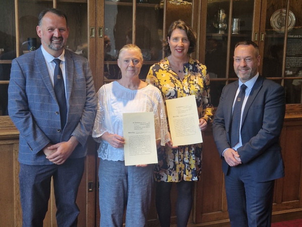 Image shows Elaine Gowans, Head of Fashion & Textiles at Gray's, Josie Steed, Senior lecturer from Gray's (right), Martin Wiseman, Deacon of the Aberdeen Weaver Incorporation (beard - check jacket). (left) Philip Sainsbury, Deacon of the Aberdeen Tailors Incorporation.