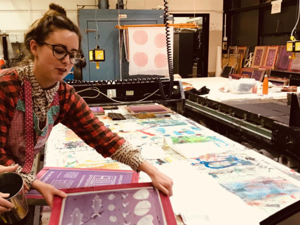 Image shows textile designer, Helen Ruth, leading a creative workshop as part of Gray's textile design workshop