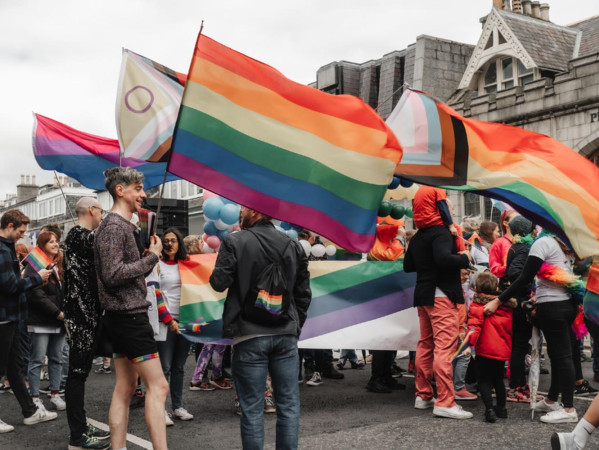 Pride flags and crowd at Grampian Pride