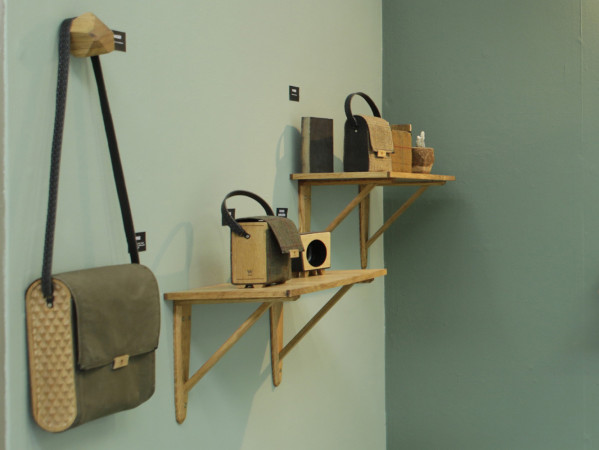 equiptment and household items on shelves in a sage green room