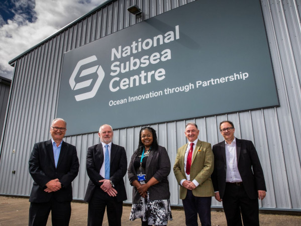 Willie Reid, Director, Strathclyde Offshore Energy Transition Programme, Professor Steve Olivier, Principal, Robert Gordon University, Myrtle Dawes, CEO, Net Zero Technology Centre, Professor Sir Jim McDonald, Principal, University of Strathclyde and Professor John McCall, Director, National Subsea Centre stand outside the National Subsea Centre