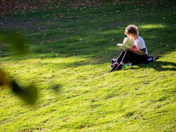 Girl studying while sat on the grass