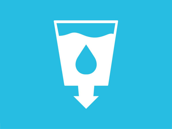 SDG Goal icon - a glass filled with liquid and an arrow pointing down on a blue background