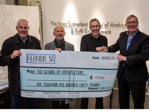 Alumna from The Scott Sutherland School of Architecture donate a cheque to Head of School, Professor David McClean