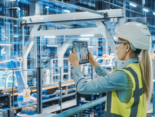 Person in hard hat and safety jacket looking at engineering through a mobile device