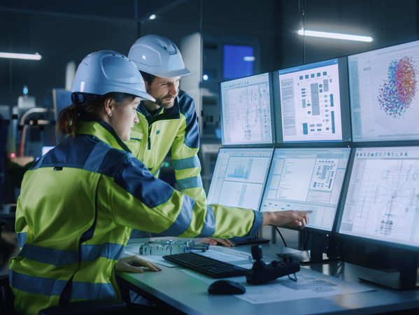 two people in yellow hi-vis jackets and hard hats are looking at a large bank of computer screens