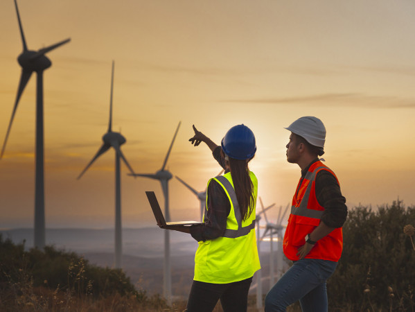 two people in yellow hi-vis jackets and hard hats are looking at some wind turbines